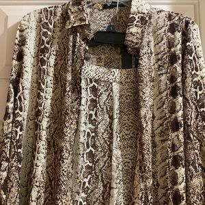 Brand new, never worn snake print button up blouse with matching pants